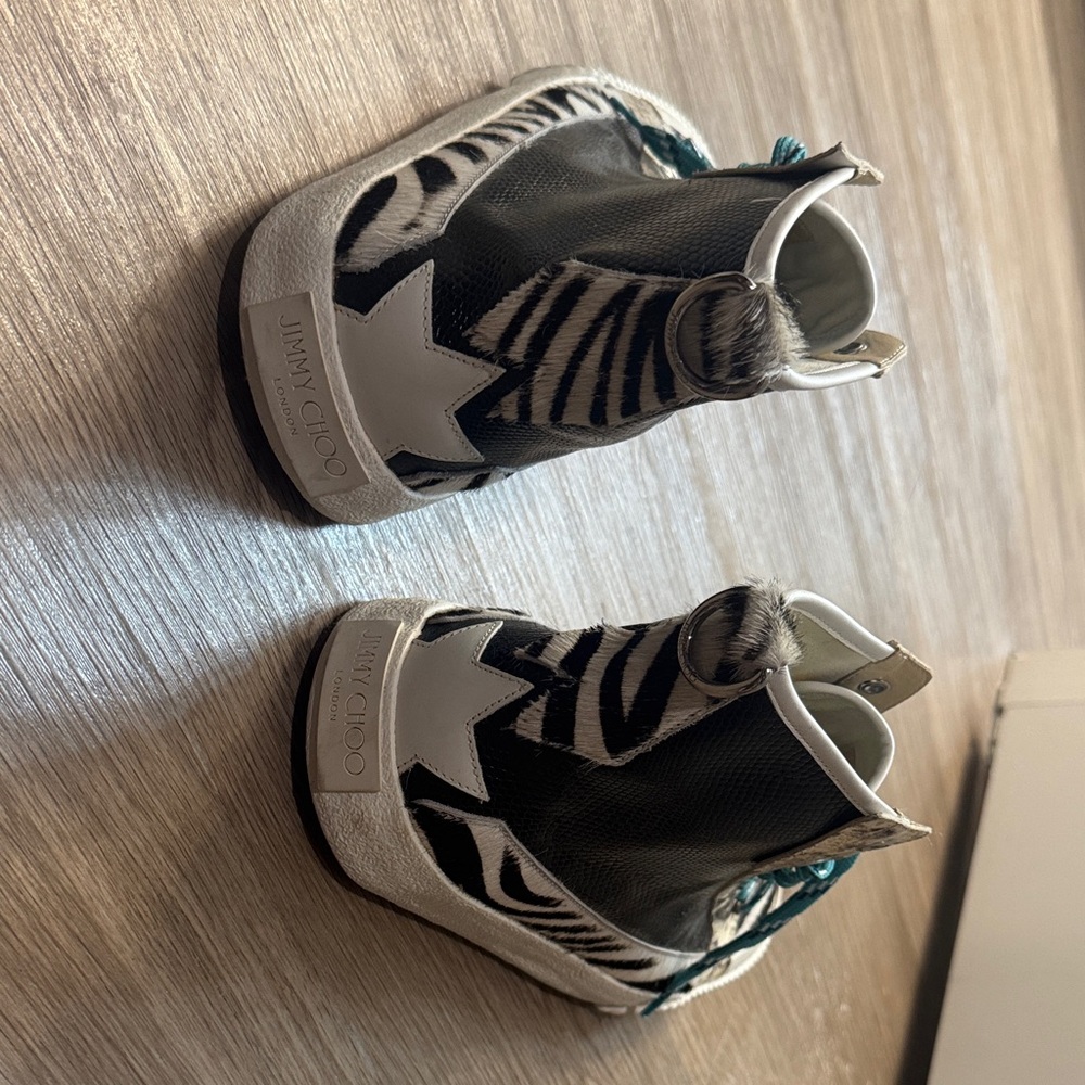 Jimmy Choo Black & White Zebra-Print High-Top Sneakers with Teal Laces - Picture 4 of 5